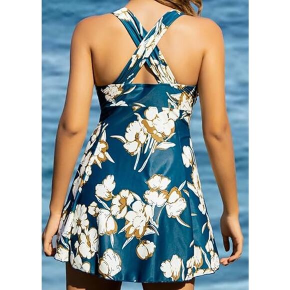 COCOPEAR Women's Crossover One Piece Swimdress Floral Skirted Swimsuit - 3XL - Picture 2 of 5